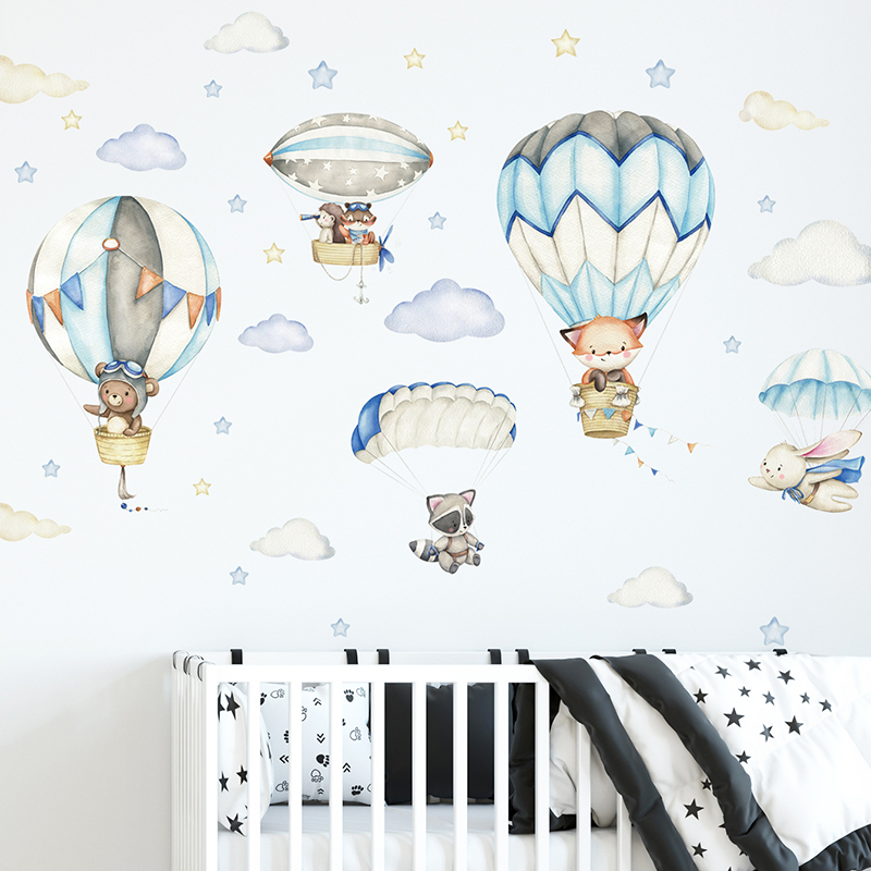 Baby Nursery Artwork - Cartoon Cute Animals Hot Air Balloon