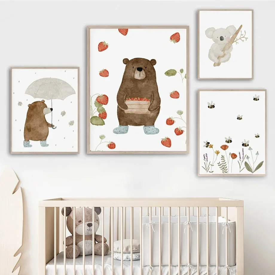 Baby Nursery Artwork - Cute Boho Animal Bear Hedgehog Koala